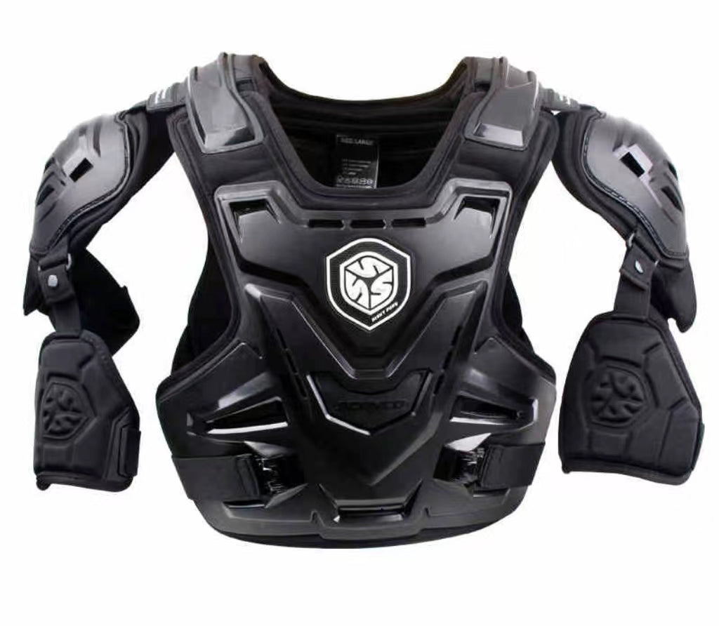 Motorcycle Dirtbike Protection (Body Chest )Adjustment, Hook and loop thigh, upper calf and alower calf straps. Construction, Open-back design, shin coverage. Protection